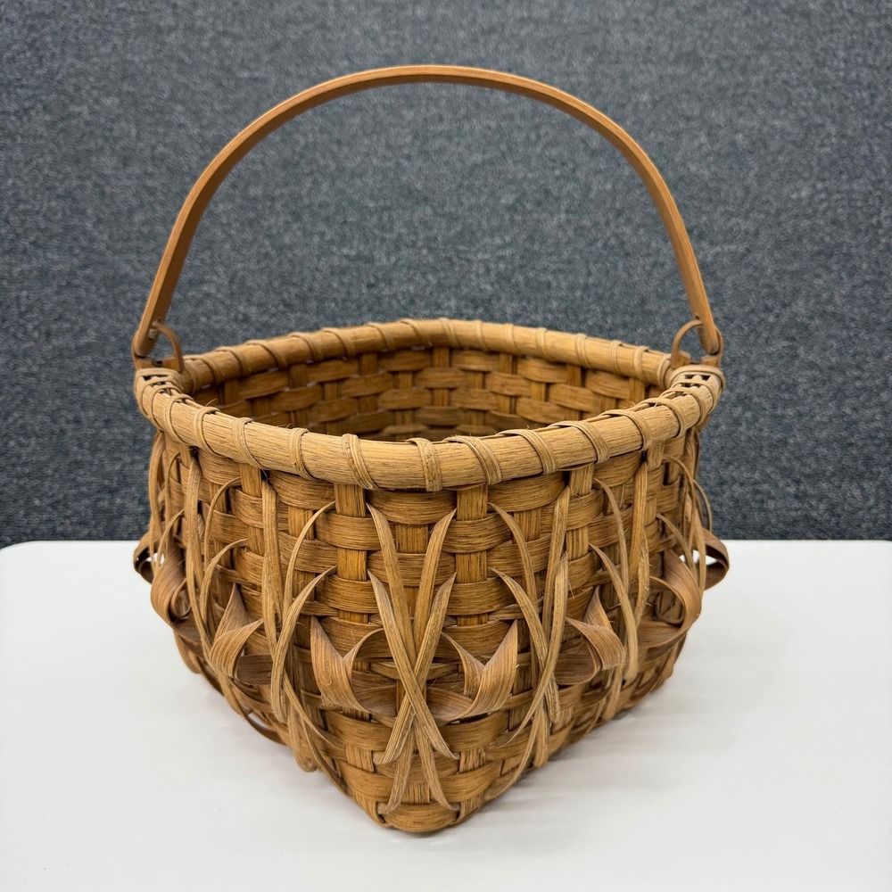 June Ware Signed Handmade Splint Wood Basket Loop Weave Bentwood Handle Vtg 1991